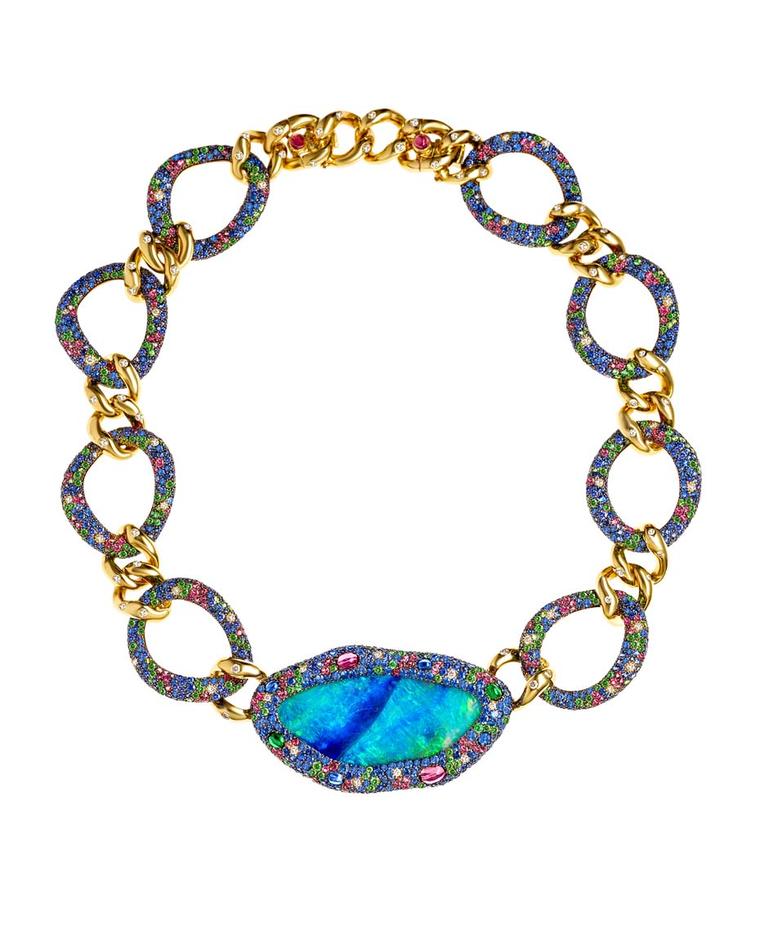 Margot McKinney collier necklace featuring an 86.32ct opal with a halo and links set with sapphires, tourmalines, peridots and diamonds.